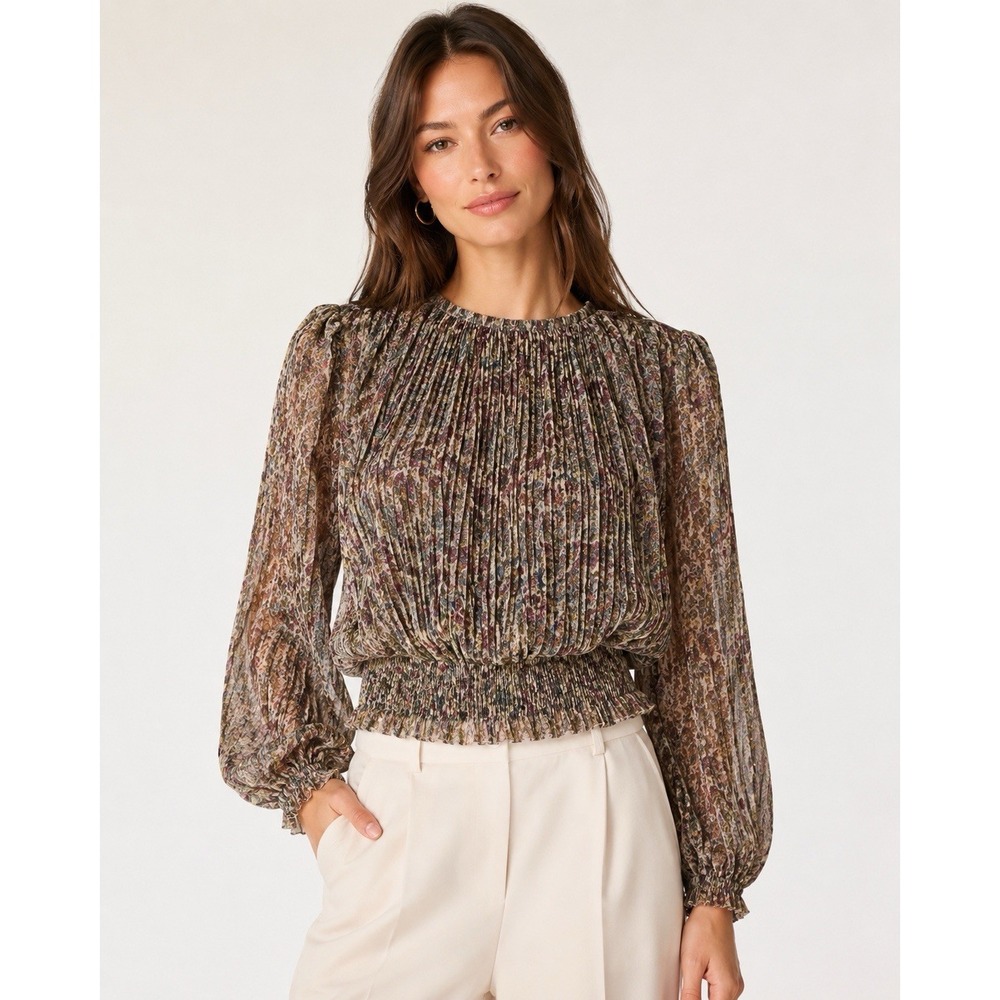Le Temps Des Cerises Floral Metallic Blouse XS Boho Romantic Sheer Pleated